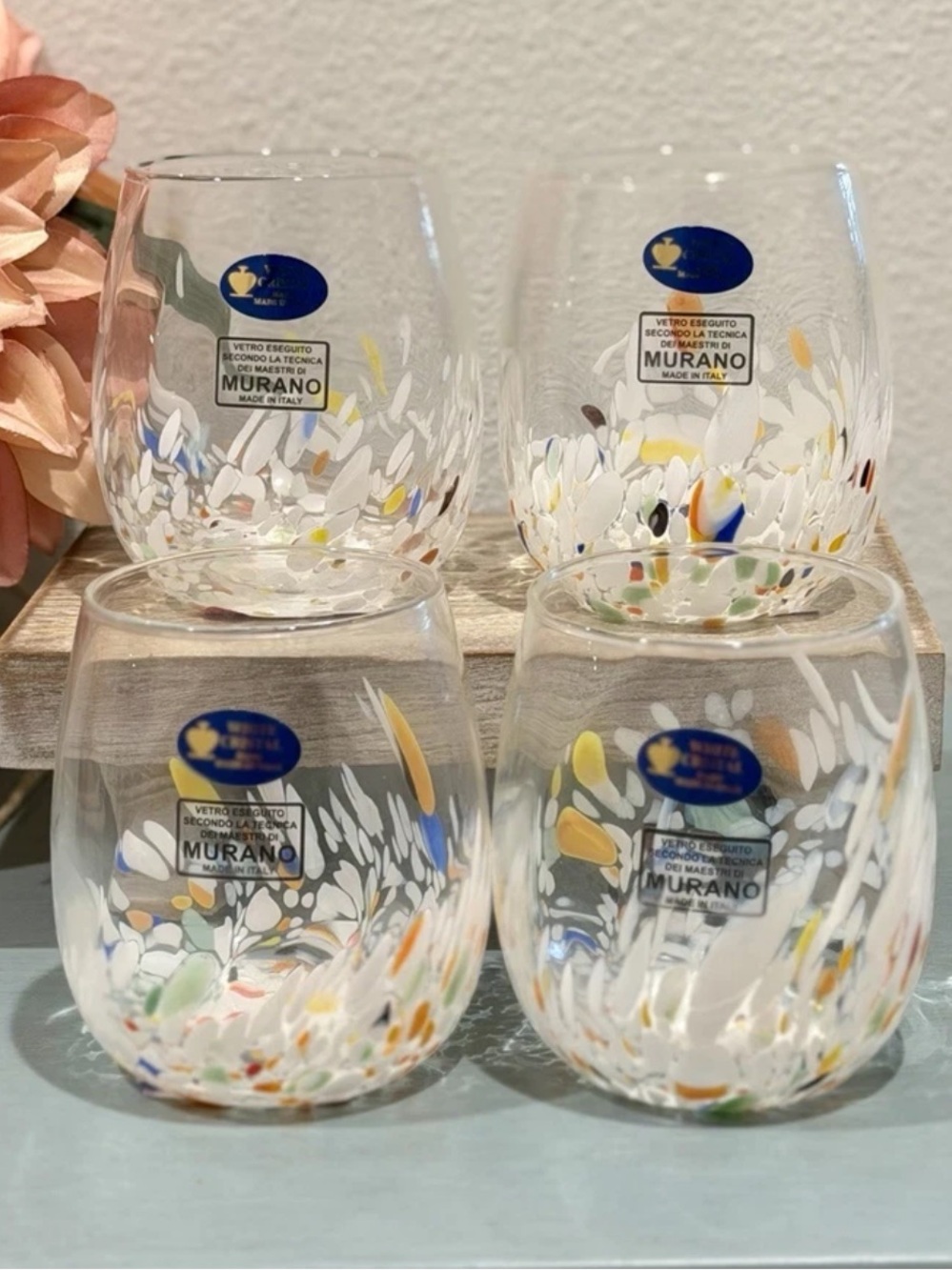 Murano White Cristal White Confetti
Stemless Glass Wine Tumbler Set- 4
